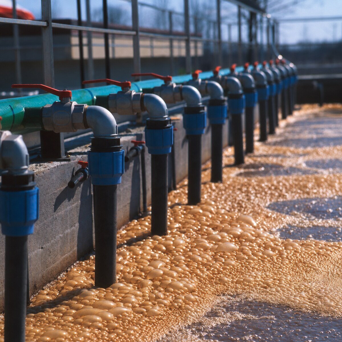 schweco Rohrsysteme – Abwasserrohre Rohrleitungen über einem Becken mit aufgeschäumtem Abwasser in einer Kläranlage